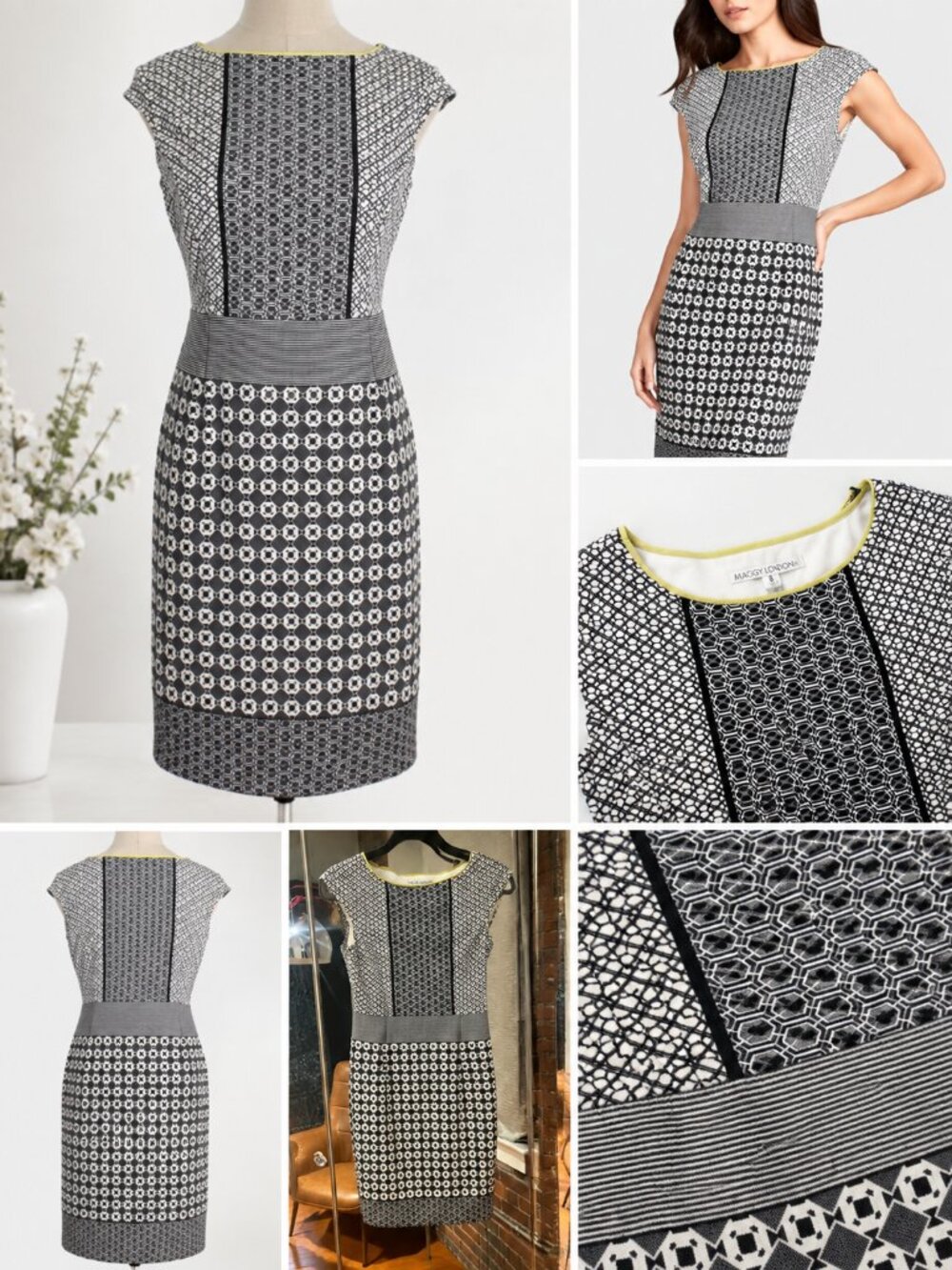 Maggy London Black and White Sheath Midi Dress